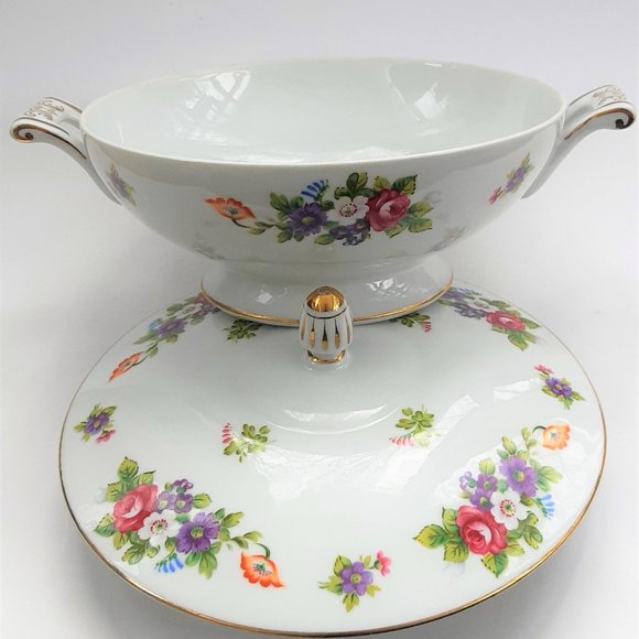 Sango China Covered Bowl Toureen 10" Japan Dresden Flowers Bouquet Gold VTG Mint - Picture 9 of 10